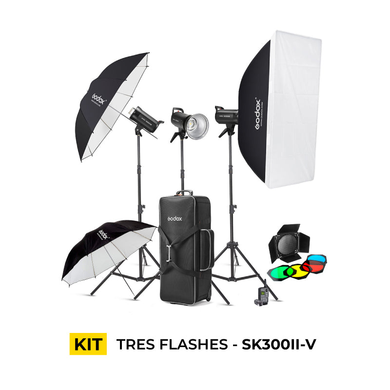 Kit de tres Flashes de Estudio Godox SK300II-V de 300W con Luz de Modelado