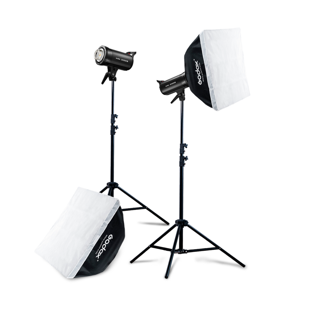 Kit Godox de dos Flashes de Estudio SK400II con dos Softboxes de 70x100 cm con Montura Tipo Bowens y dos Parantes 304 de 200 cm.
